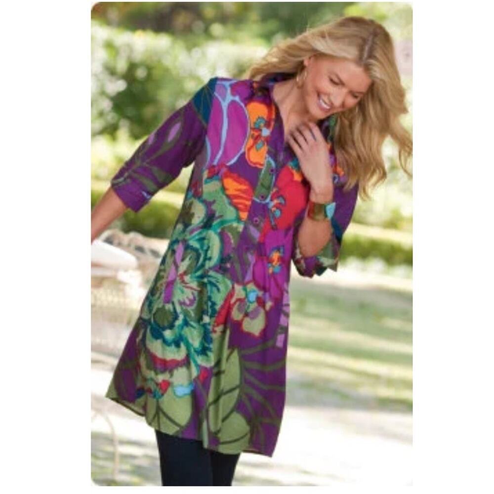 Soft Surroundings Purple Floral Button-Front Tunic